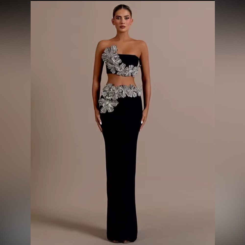 Strapless Flower Diamonds Crystal Black Maxi Set New With Tags